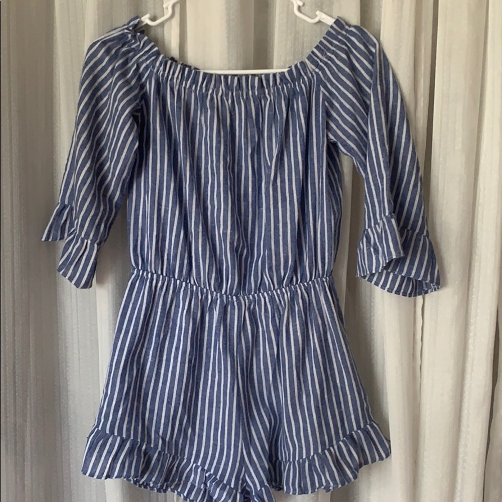 Blue and white striped off the shoulder romper